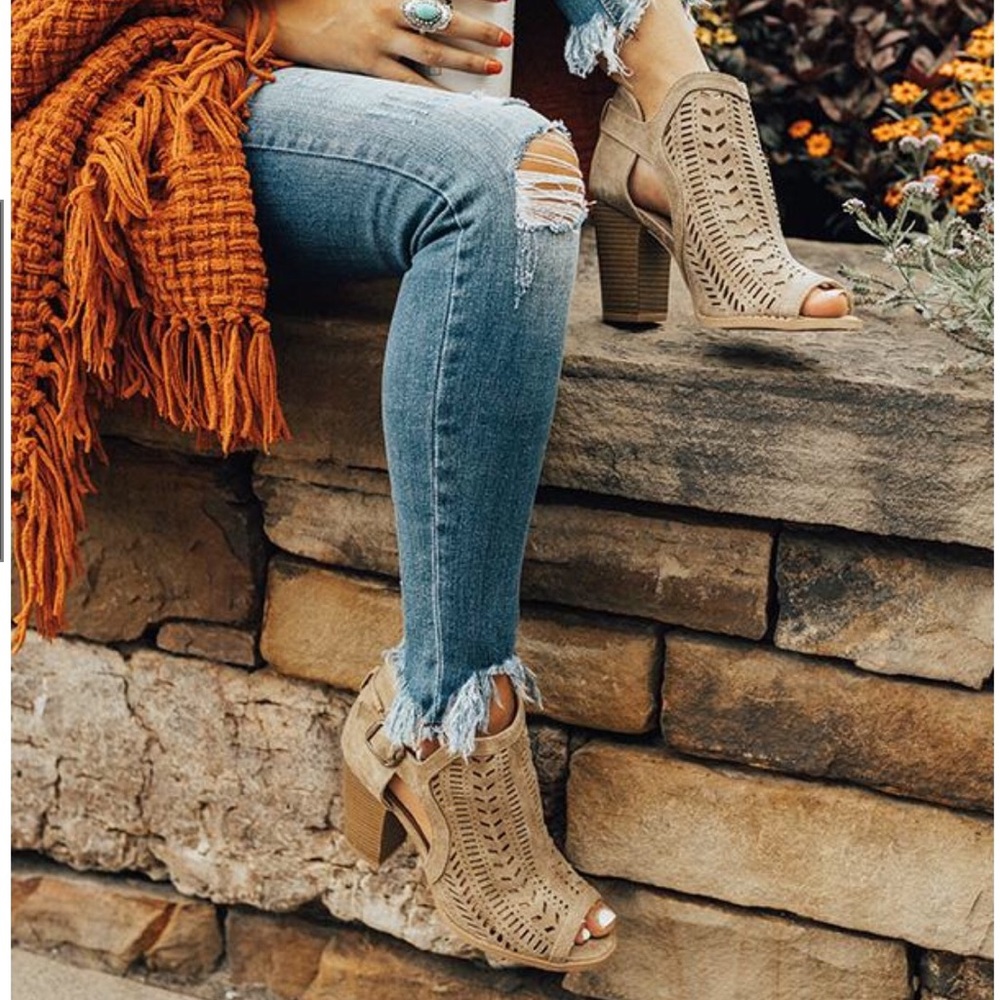 Taupe Open Toe Laser Cut Booties - Picture 5 of 6